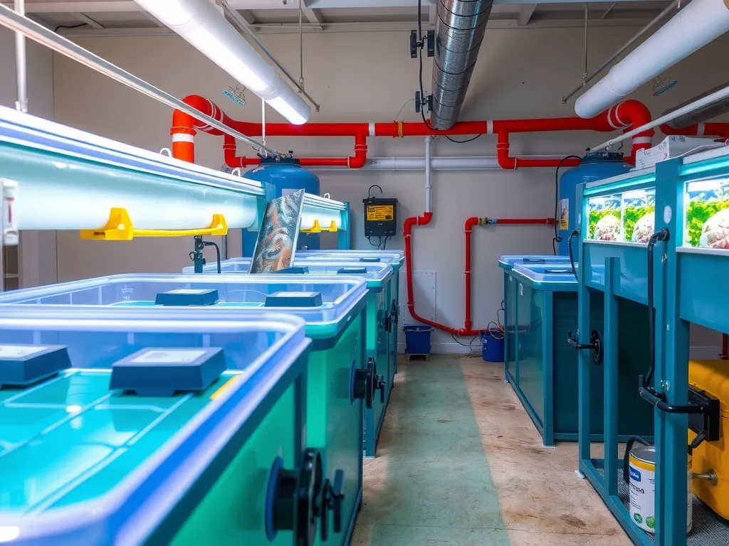 A fish farming setup utilizing recirculating systems and geomembranes, featuring biofloc systems and clean, organized layouts, professional lighting, high detail