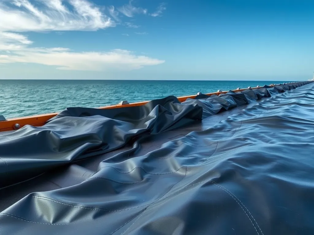 Geomembrane HDPE liners being exposed to harsh environmental conditions, showing their resilience to extreme temperatures, calm sea and sky backdrop, detailed