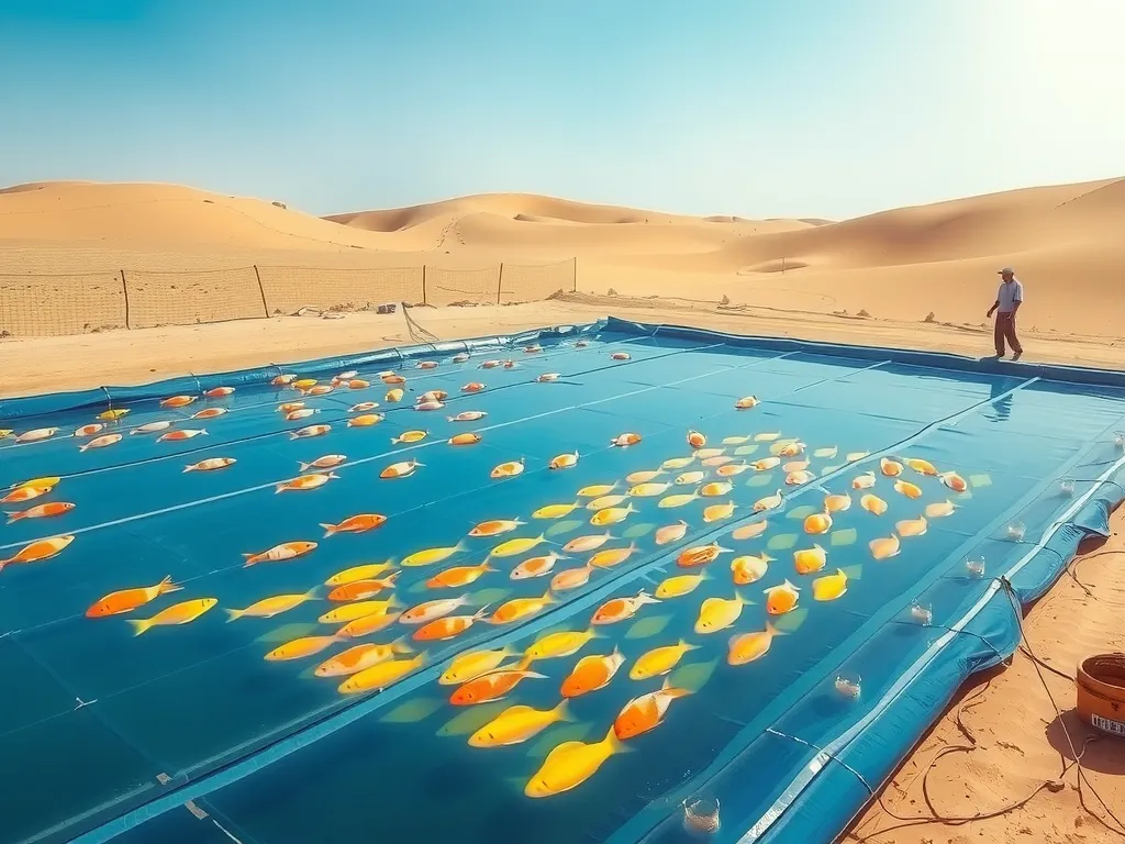 Illustration of a successful fish pond project in Saudi Arabia using geomembranes, highlighting increased productivity, blue sky, desert surrounding