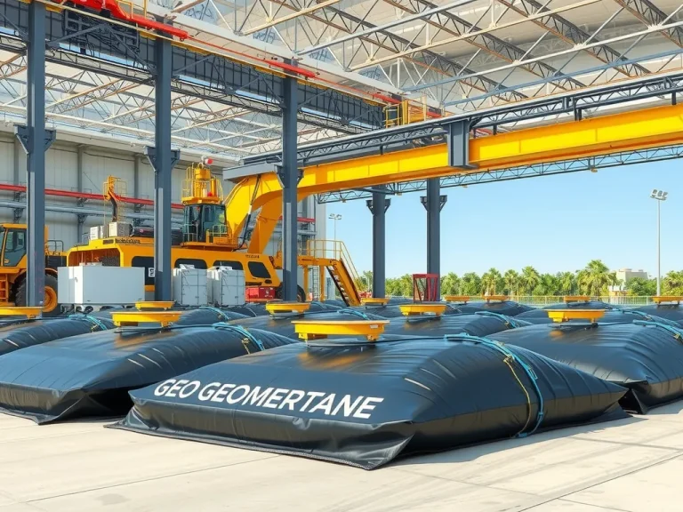 Photorealistic image of advanced geomembrane technology being implemented in a large-scale industrial setting, displaying durability and eco-friendly features, high-quality, natural lighting