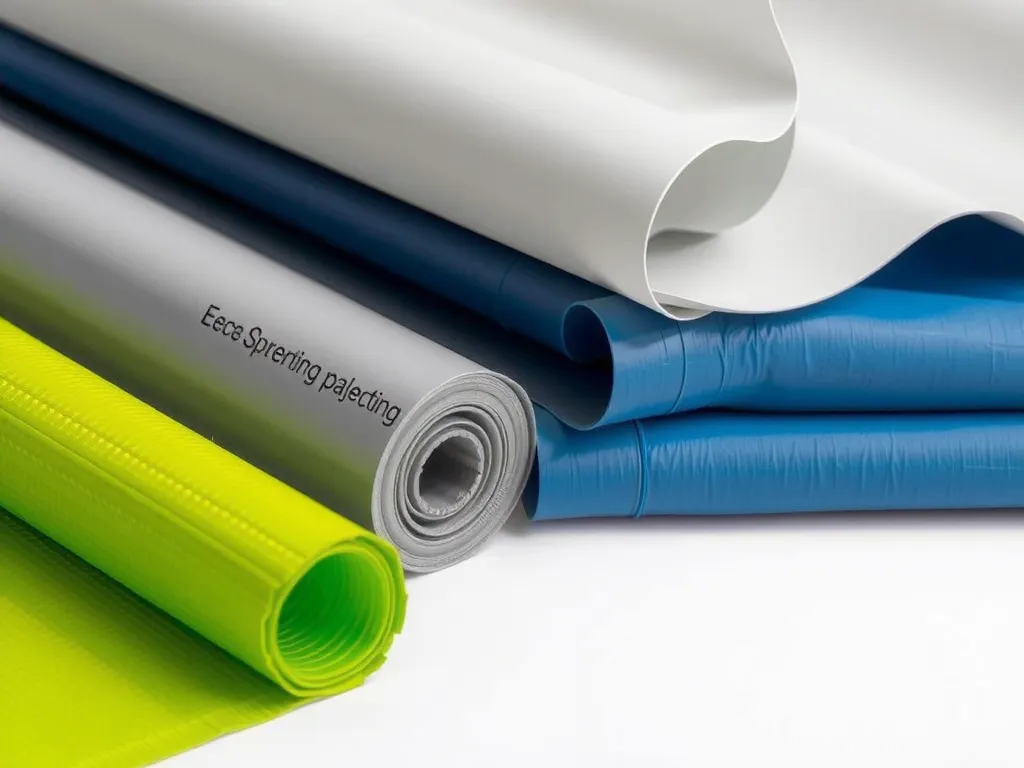 Image of eco-friendly building materials showcasing HDPE and LLDPE geomembranes, variety in textures and finishes, professional lighting, modern composition