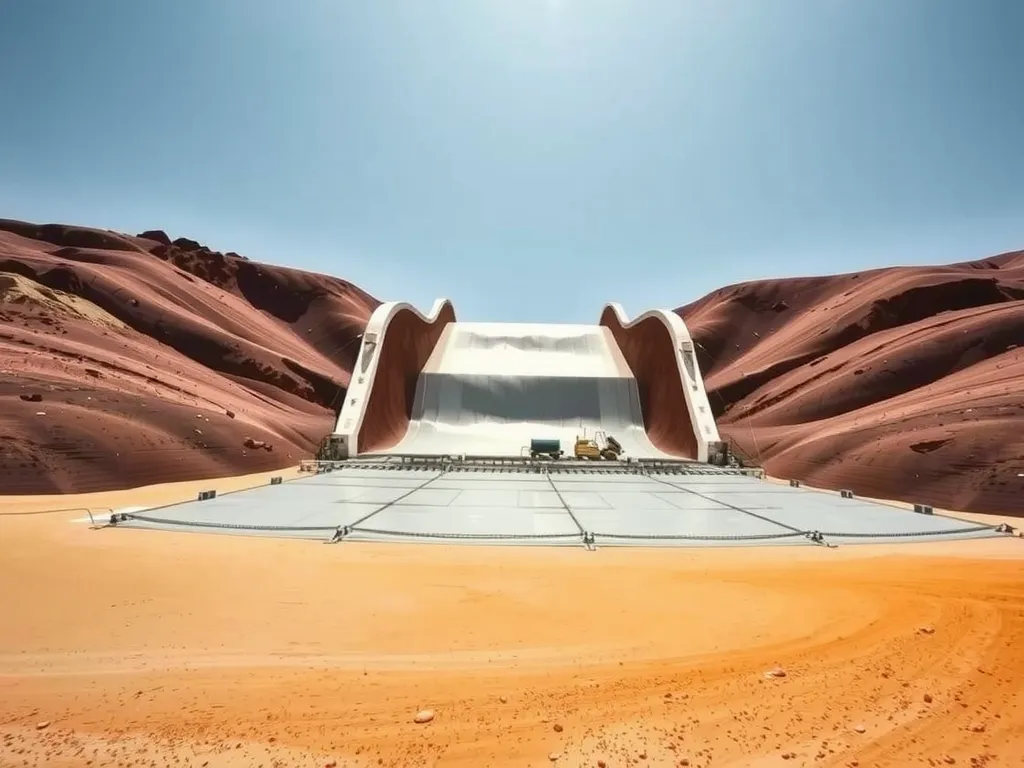 High-quality image of a desert landfill with modern geomembrane installation, showing extreme environmental conditions, clear blue sky, and advanced engineering techniques