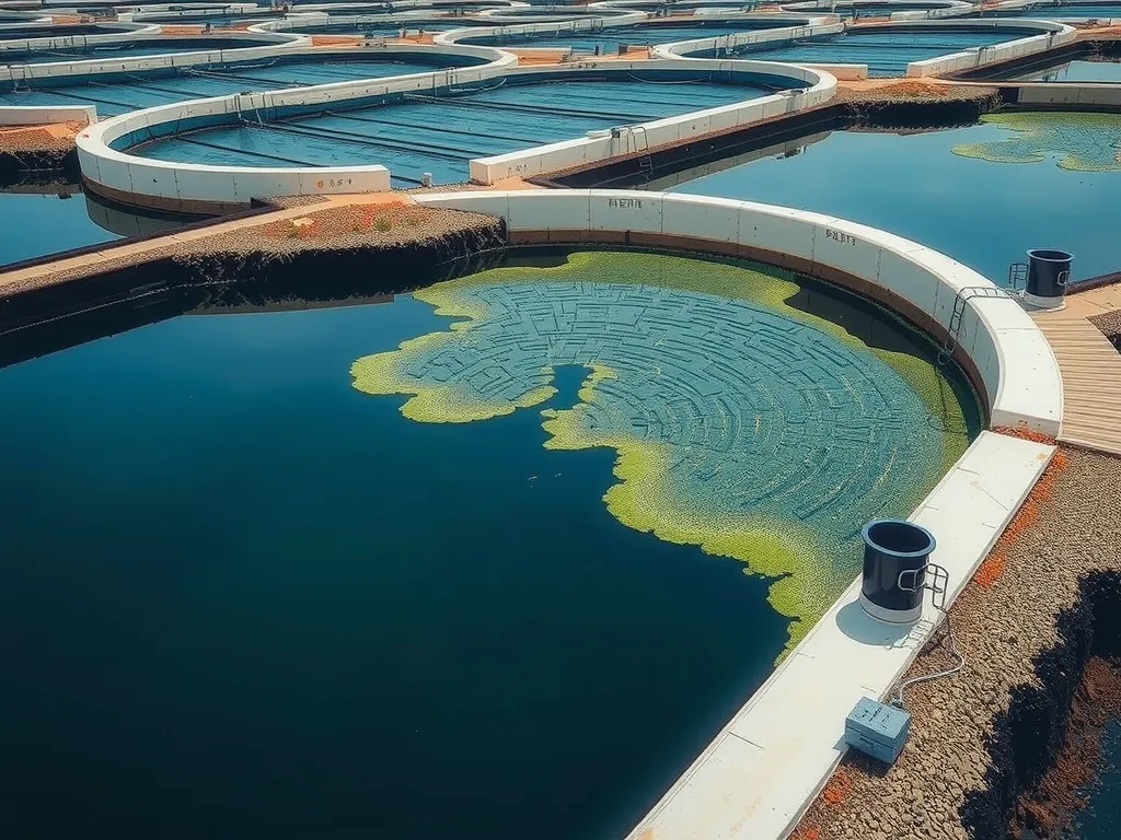 Aquaculture facility with ponds lined with textured geomembranes, showing resistance to wave action and collection of biofilm, photorealistic depiction