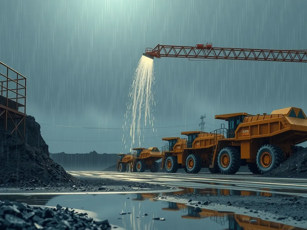 Illustration of a mining operation during rainstorm, showing textured geomembrane performance under extreme conditions, photorealistic, environmental protection