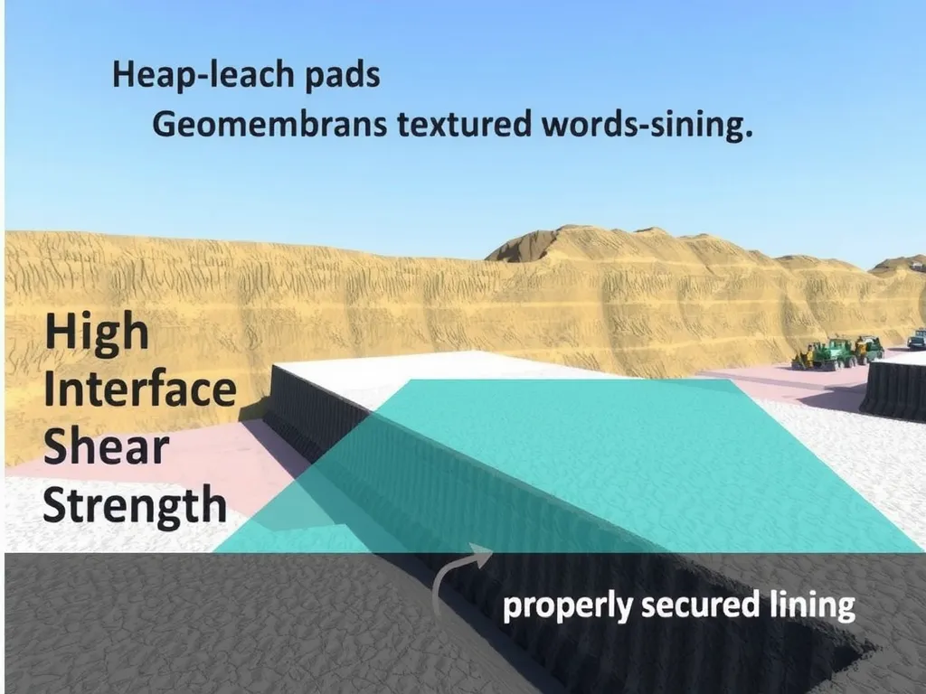 Mining site with heap-leach pads covered in textured geomembranes, high interface shear strength illustration, realistic setting, showing properly secured lining