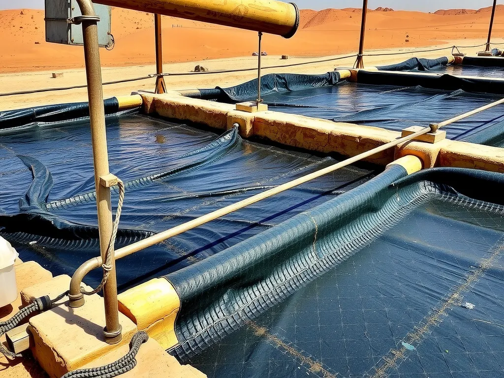Real-life Middle Eastern aquaculture setup using textured geomembrane liners, depicting the construction and application in arid environments, professional photography