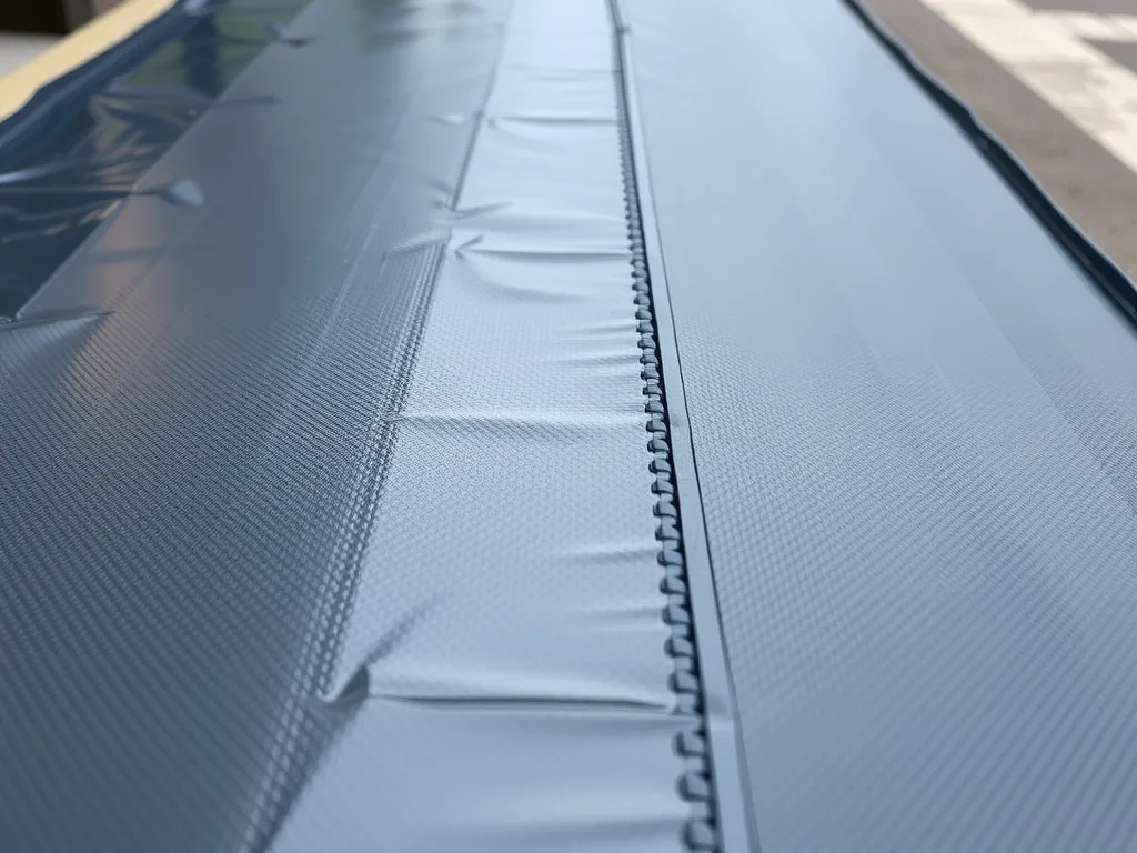 Close-up of an HDPE geomembrane surface with visible texture and welding seams, detailed and sharp focus, photorealistic