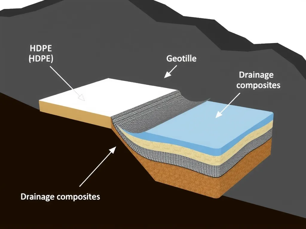 Diagrammatic illustration of a geomembrane liner system in a mining context, showing layers like HDPE, geotextile, and drainage composites, cross-sectional view, clear and informative