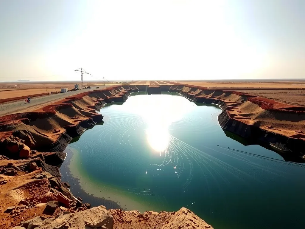 Image of a lined tailings pond in a desert landscape, showcasing durable HDPE geomembrane under intense sunlight, realistic and atmospheric lighting