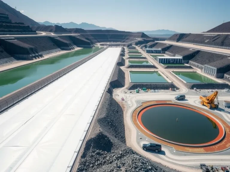 Wide shot of a mining operation with visible geomembrane liners covering tailing ponds and leach pads, showing environmental protections in place, high quality, panoramic view, modern mining site