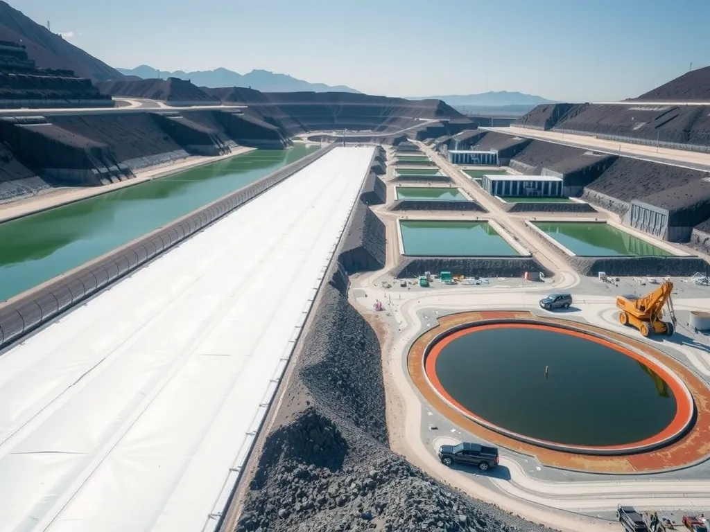 Wide shot of a mining operation with visible geomembrane liners covering tailing ponds and leach pads, showing environmental protections in place, high quality, panoramic view, modern mining site