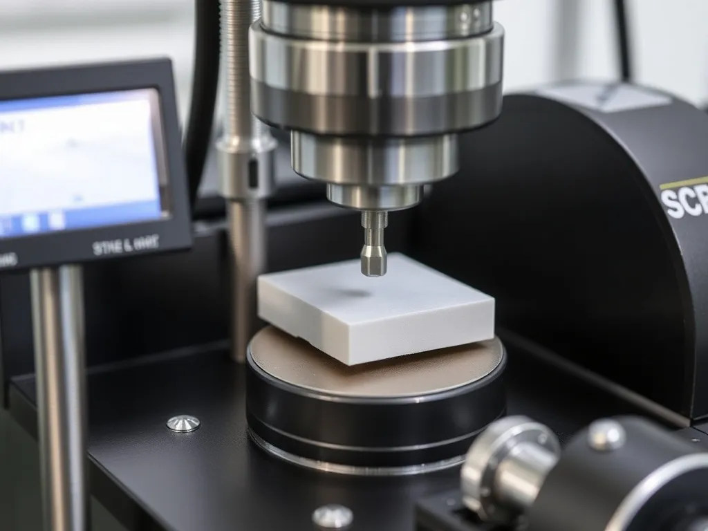 Close-up of SCR testing apparatus, showing the notched constant tensile load test on a geomembrane specimen, with detailed and professional lighting.