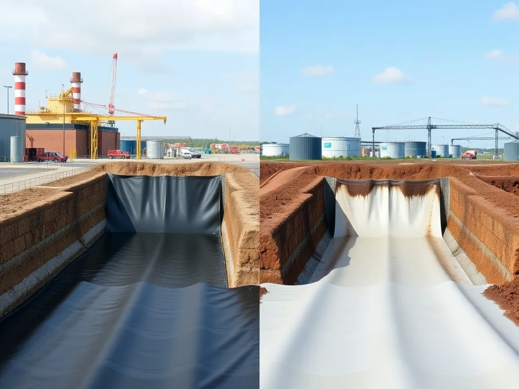 A comparison of two case study geomembrane installations in industrial settings, indicating both success and failure scenarios due to environmental challenges, photorealistic and detailed.