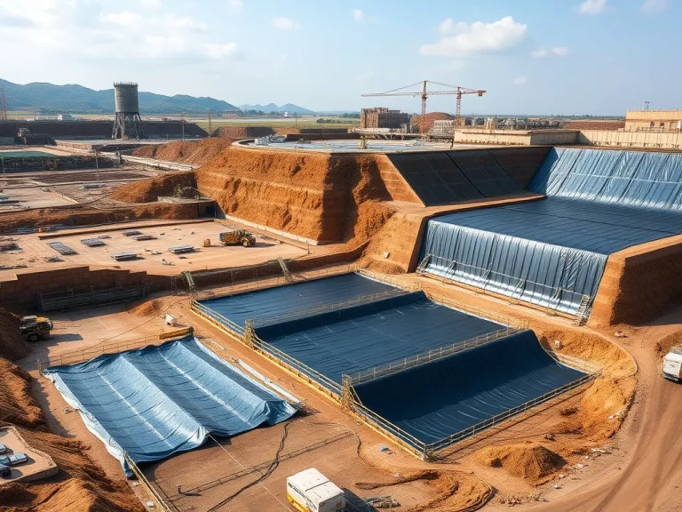 A comprehensive imagery capturing the various geomembrane installation and testing phases, showing industrial settings like mining, landfills, and reservoirs, photorealistic and detailed.