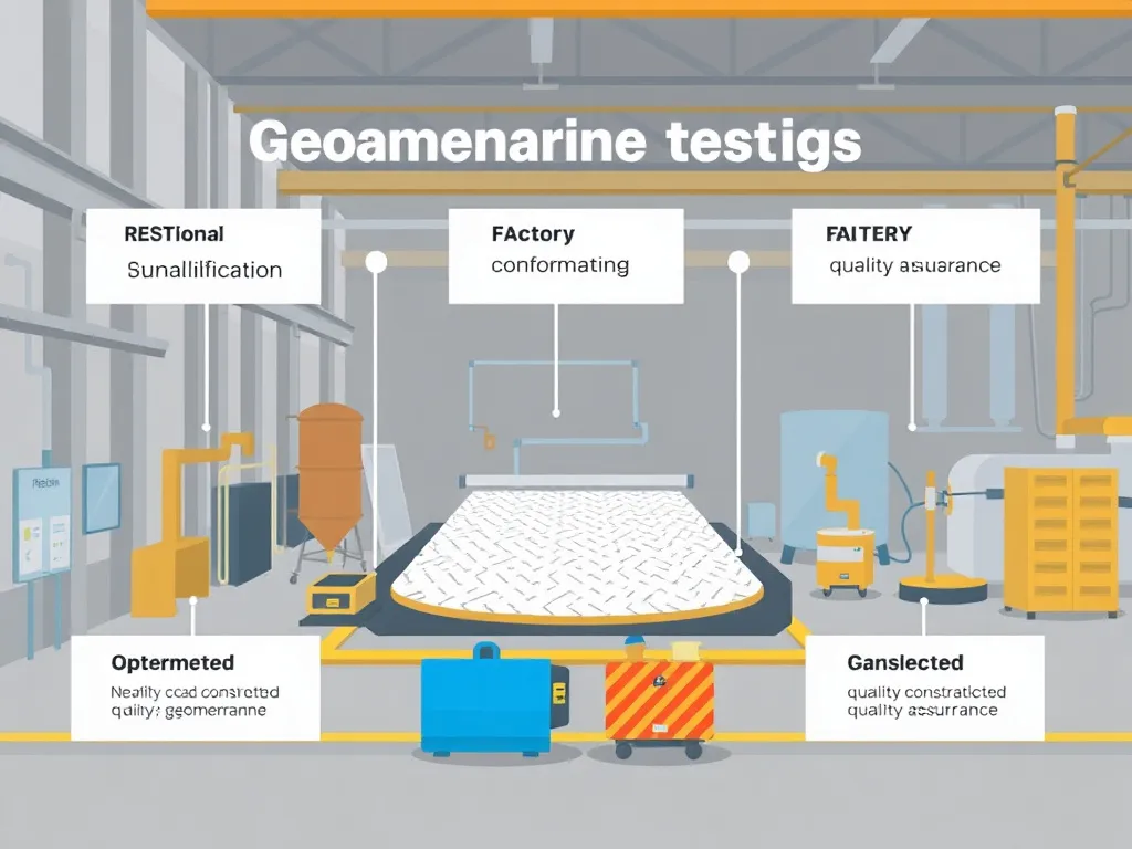 Illustrative infographic depicting stages of geomembrane testing, including resin qualification, factory conformance, and field construction quality assurance, in an industrial setting with testing equipment.