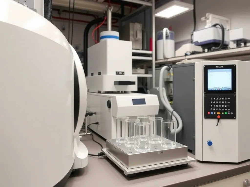 Laboratory setup featuring a differential scanning calorimeter, with emphasis on the testing process for oxidative induction time on geomembrane samples, detailed and high-quality.