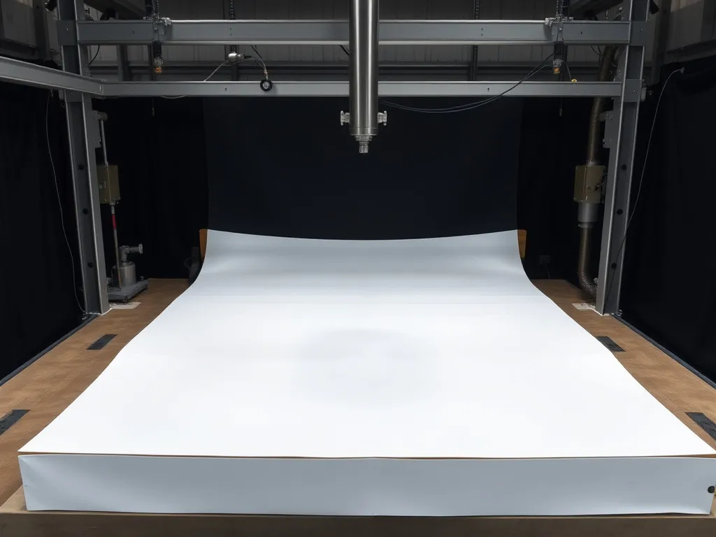 Multi-axial testing setup for geomembranes, capturing simulated conditions for stress factors like settlement and expansion, professional photography style.