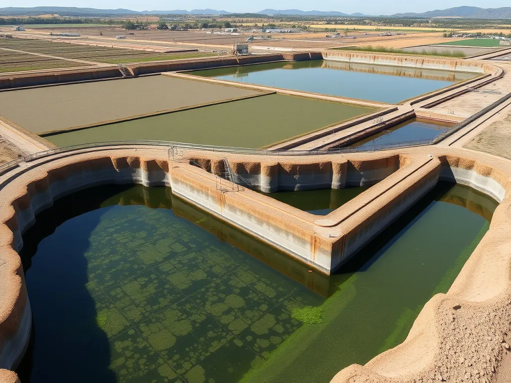 Panoramic view of an agricultural reservoir lined with geomembranes, with clear water and protective barriers against environmental conditions, showing robustness and cleanliness.