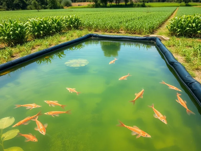 Scenic view of a modern aquaculture pond with HDPE geomembrane liners, depicted in a lush, green farm setting, showcasing clean, clear water and thriving fish and shrimp, high-detailed, photorealistic, bright natural lighting