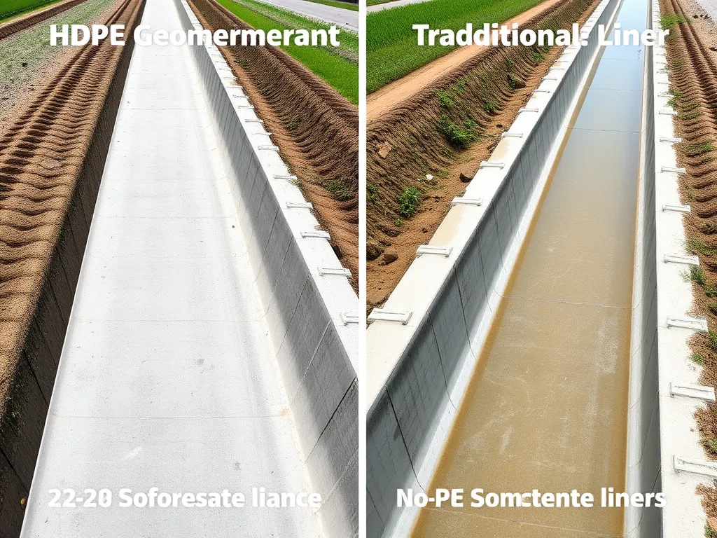 Comparative imagery of HDPE geomembrane and traditional concrete liners in irrigation canals, highlighting differences in materials and installation, side-by-side comparison, high quality