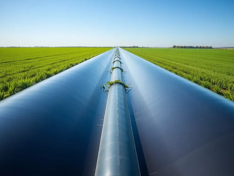 A modern irrigation canal lined with HDPE geomembranes, surrounded by lush green fields under clear blue skies, showing advanced agricultural technologies in action, photorealistic, high quality, professional lighting