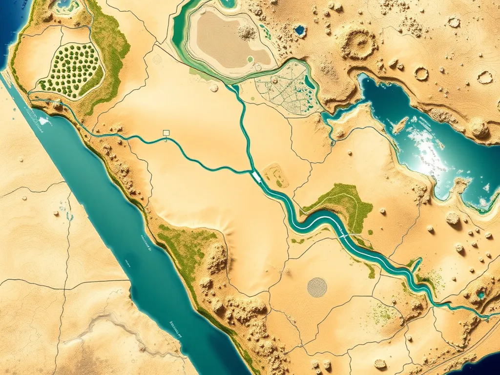 Map and aerial view of Al-Kharj region canals in Saudi Arabia upgraded with HDPE, showing improved canal efficiency and agricultural transformation, detailed geographic visualization