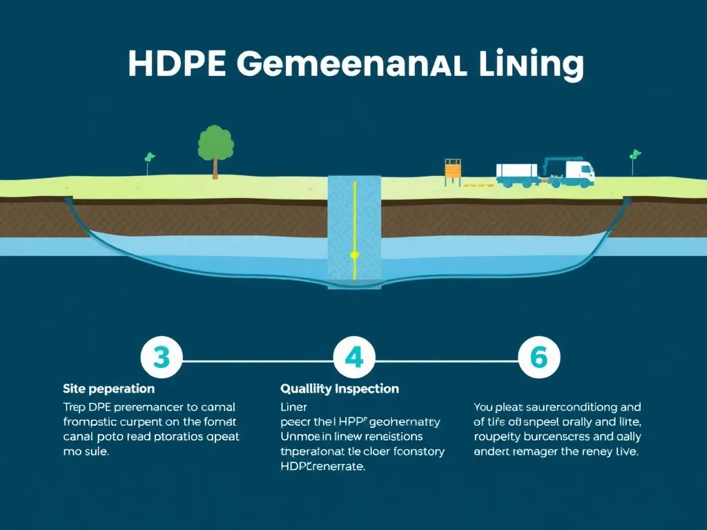 Step-by-step illustration of HDPE geomembrane canal lining process, showing site preparation, liner placement, and quality inspection, infographic style, clean and informative