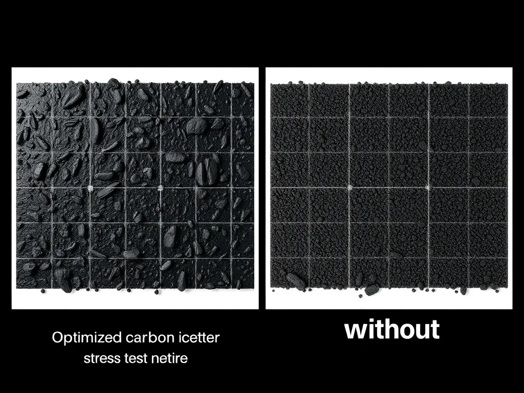 Comparative visual showing two geomembranes under different stress test conditions, one with optimized carbon black dispersion and one without, professional photography style