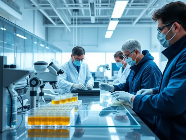 High-tech laboratory with scientists analyzing geomembrane samples, focusing on UV protection properties, photorealistic, high quality, professional lighting