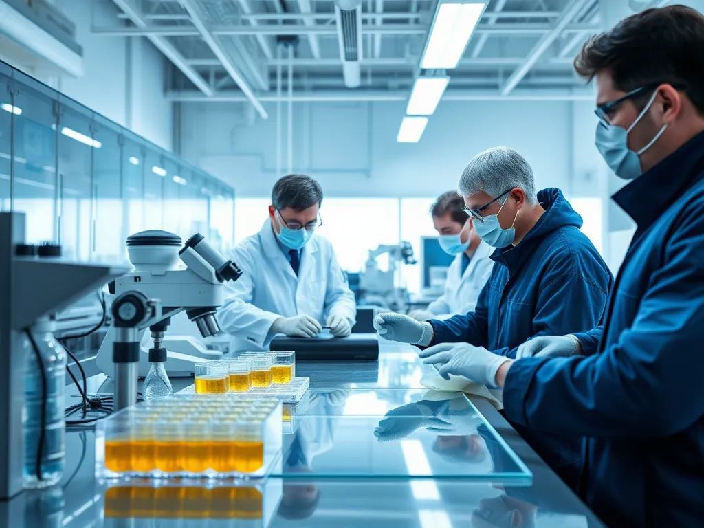 High-tech laboratory with scientists analyzing geomembrane samples, focusing on UV protection properties, photorealistic, high quality, professional lighting