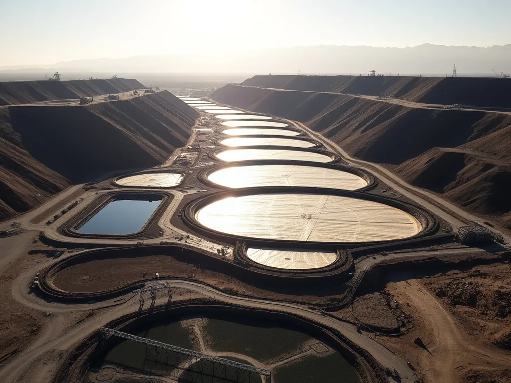 Industrial mining site in Chile showing expansive heap leach pads with sunlight entering, highlighting geomembrane installation, photorealistic, high resolution