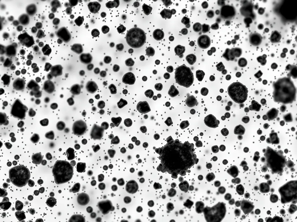Detailed microscopic view of well-dispersed carbon black within High-Density Polyethylene (HDPE), illustrating protection against UV-induced damage, high quality, detailed