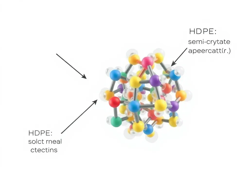 Conceptual illustration of chemical interactions at a molecular level with HDPE structure, showing semi-crystalline regions, colorful molecular model, educational style