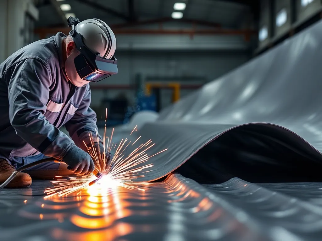 Image of HDPE geomembranes being seam welded by workers, showing precision welding equipment and teamwork, high quality, realistic lighting