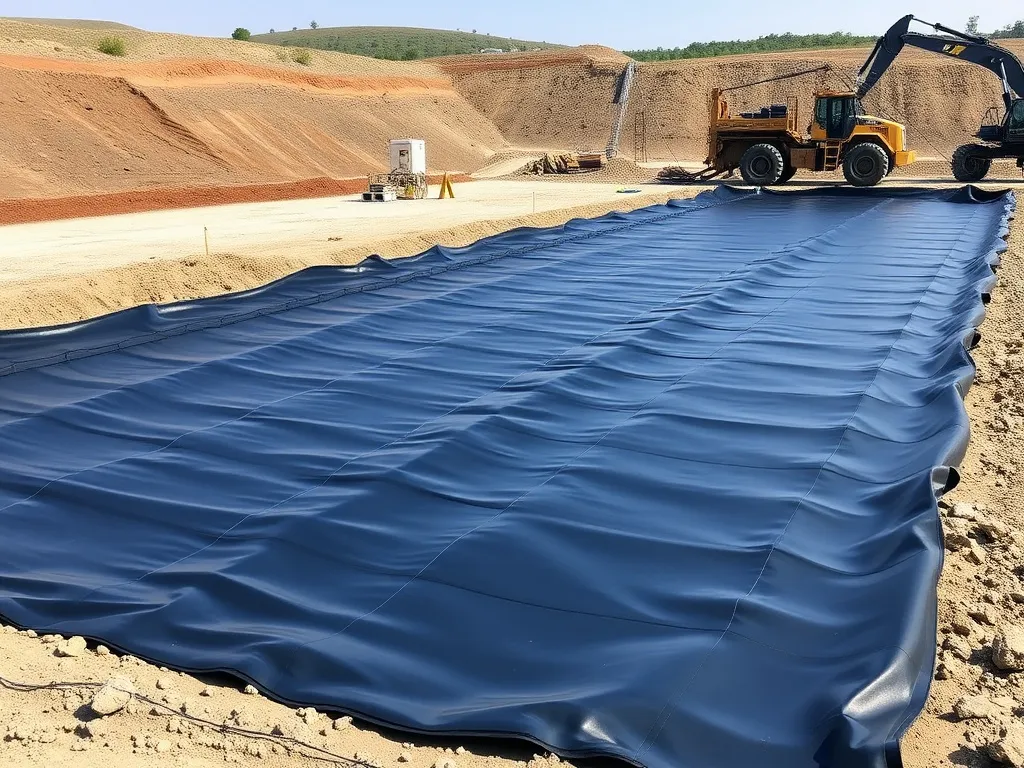High-quality image of HDPE geomembrane installation at a landfill site, showing the black membrane lining a large area with heavy machinery in the background, professional photography, natural lighting, environmental engineering context