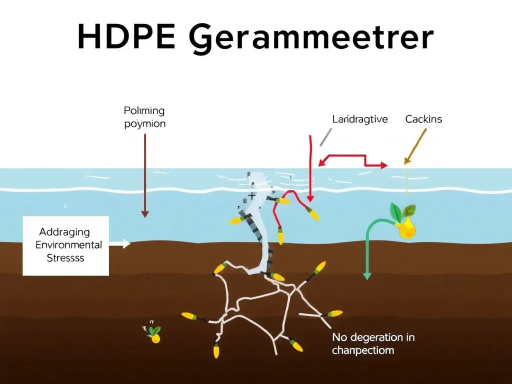 Illustration of HDPE geomembrane undergoing oxidative and environmental stress cracking degradation, showing chemical reactions breaking polymer chains, educational and schematic style