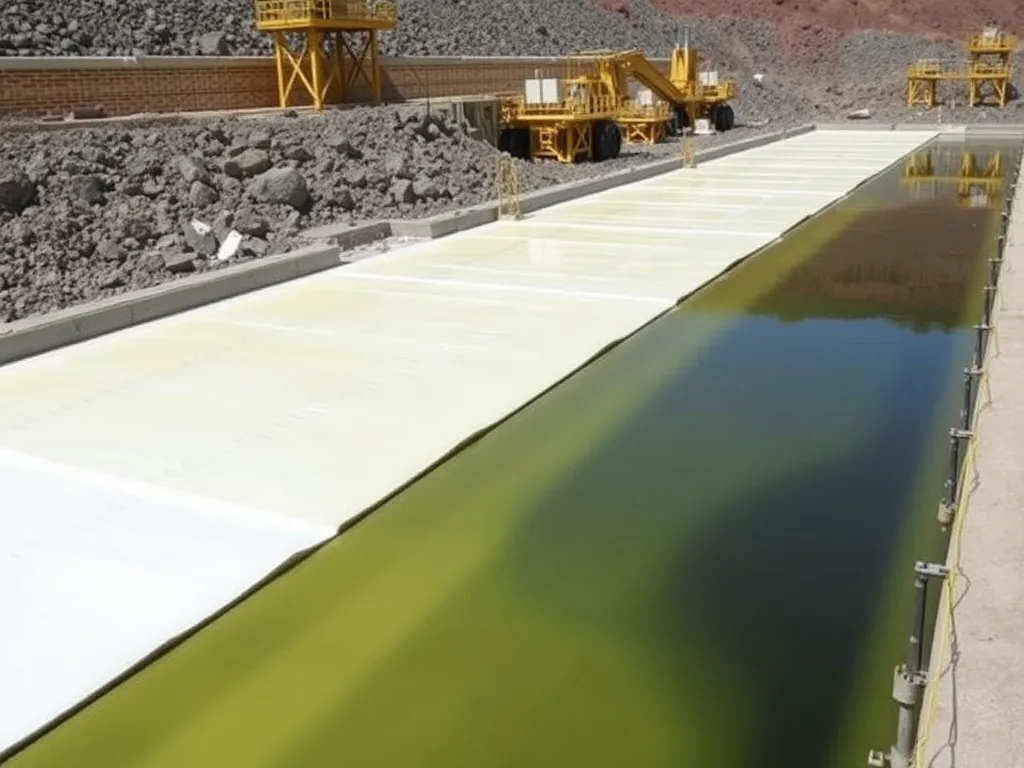 Photograph of a mining site using HDPE geomembranes at a heap leach pad, industrial setting, showing lined area with acidic leachate, high-quality image, natural lighting