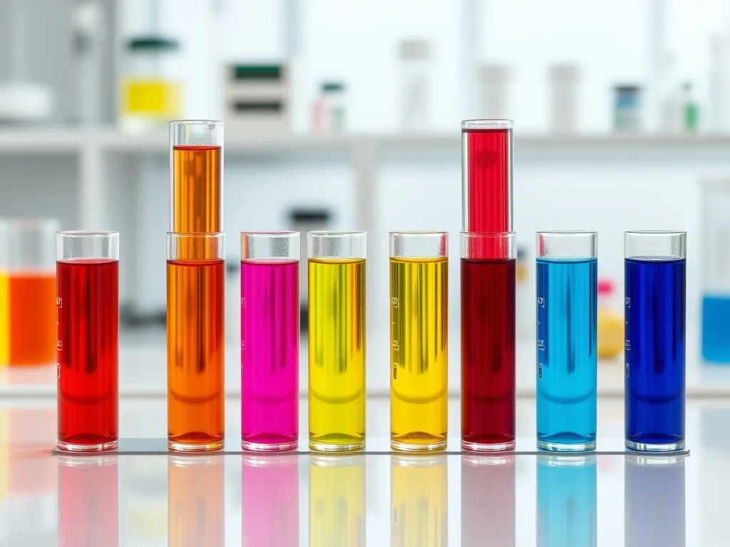 Visualization of different waste fluids and their compatibility with HDPE geomembranes, featuring test tubes with colorful liquids in a laboratory setting, professional and clean background