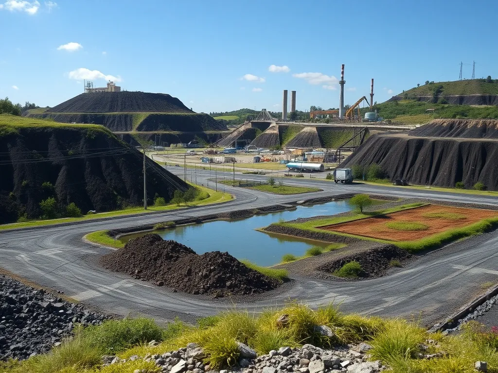 Image of application sites like landfills, mining, and chemical facilities using conductive geomembranes, focus on environmental protection, photorealistic, high quality