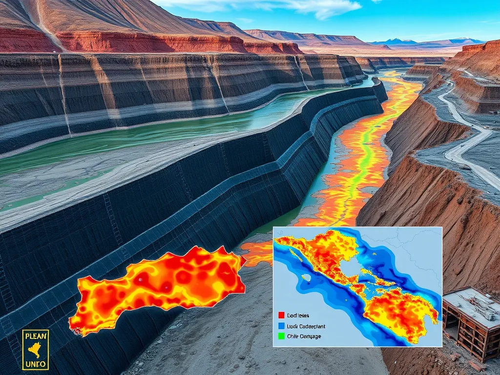Case study depiction with maps of detected leaks in mining site in Chile, use of conductive geomembranes, vivid colors, high quality