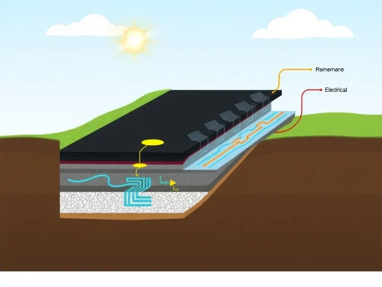 Dynamic cross-sectional illustration of conductive HDPE geomembrane in a landfill, showcasing layers and components, with visual cue of electrical flows, high quality, detailed, educational style