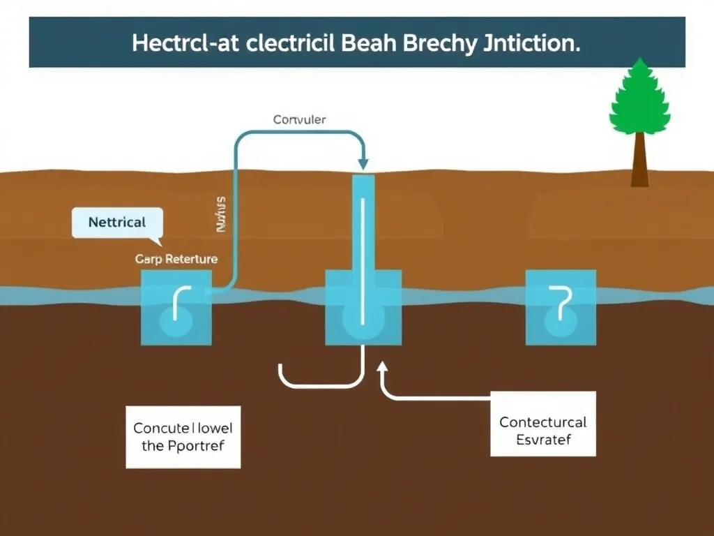 Illustration showing electrical current flow in conductive geomembrane, breach detection, simplified schematic style, educational, detailed
