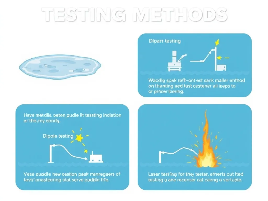 Infographic of testing methods: water puddle, dipole, spark testing, scenarios for each, without text labels, high-quality