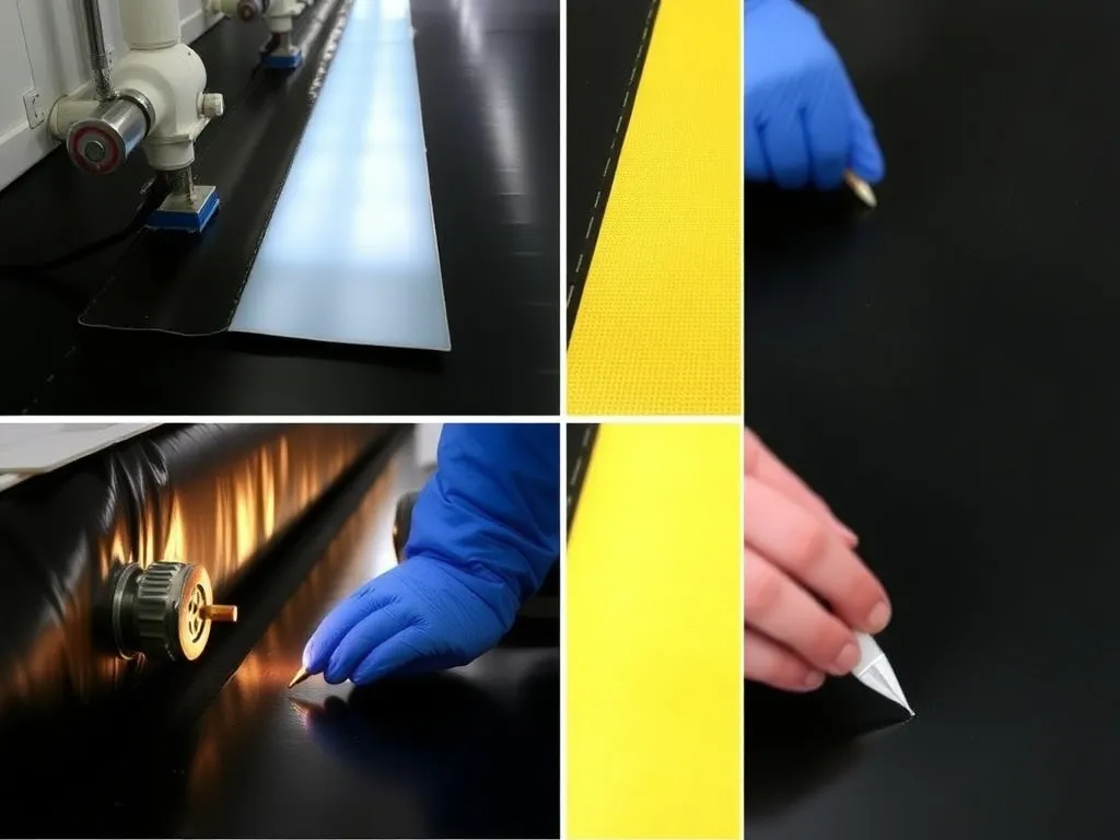 Sequential images showing installation, testing, and quality assurance steps of conductive geomembranes, focus on detail and precision, high quality