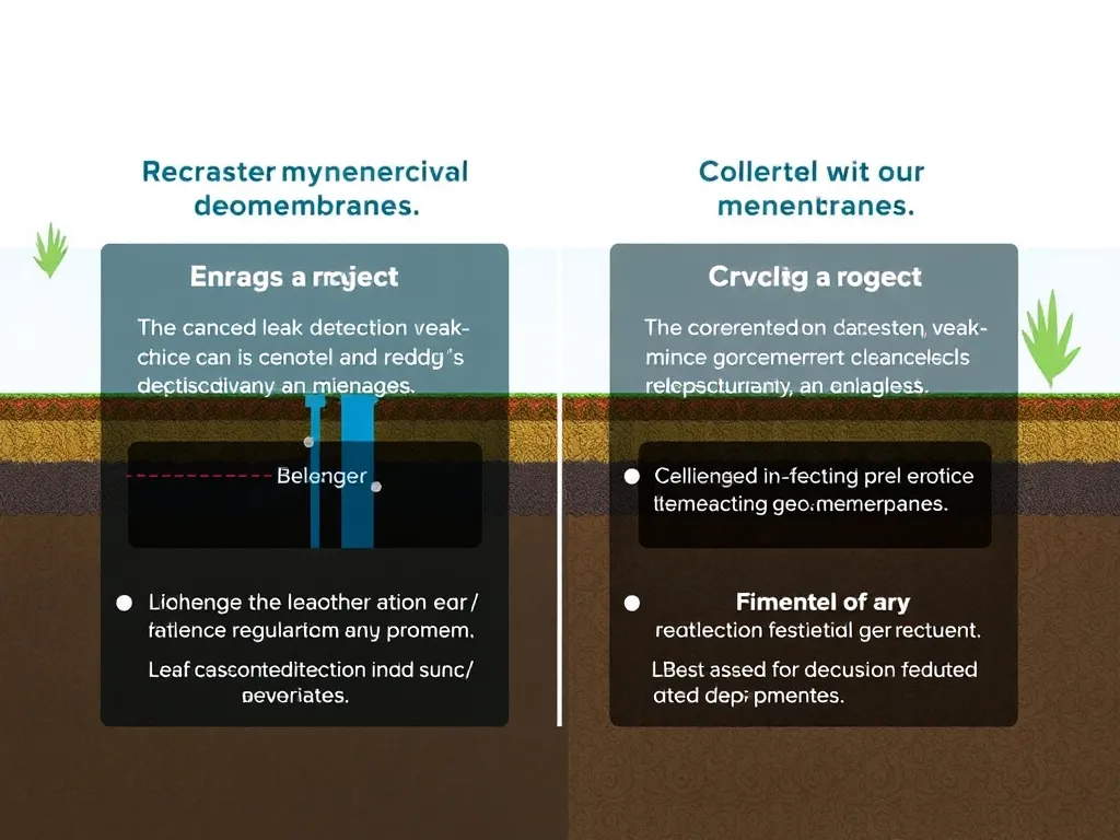 Visual depiction of benefits like enhanced leak detection and regulatory compliance vs challenges of conductive geomembranes, balanced view, photorealistic