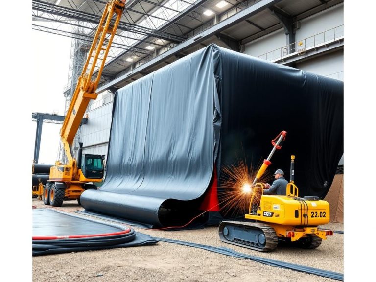A modern geomembrane installation site, showcasing advanced machinery and methods, integrating elements of durability and sustainability, high quality, professional lighting, with various geomembrane liners being placed and welded, photorealistic