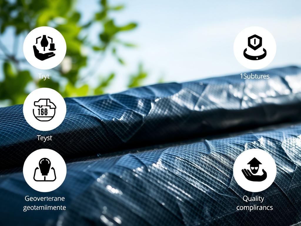Visual representation of geomembrane regulatory compliance, focusing on sustainability, environmental protection, and quality control measures, intricate details, and clear lighting