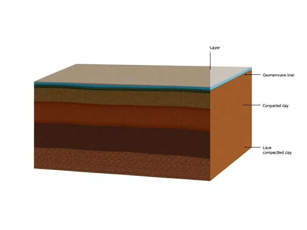 Detailed cross-section of landfill layers, including geomembrane liner, leachate collection, compacted clay, showcasing protection mechanism, high quality, educational illustration