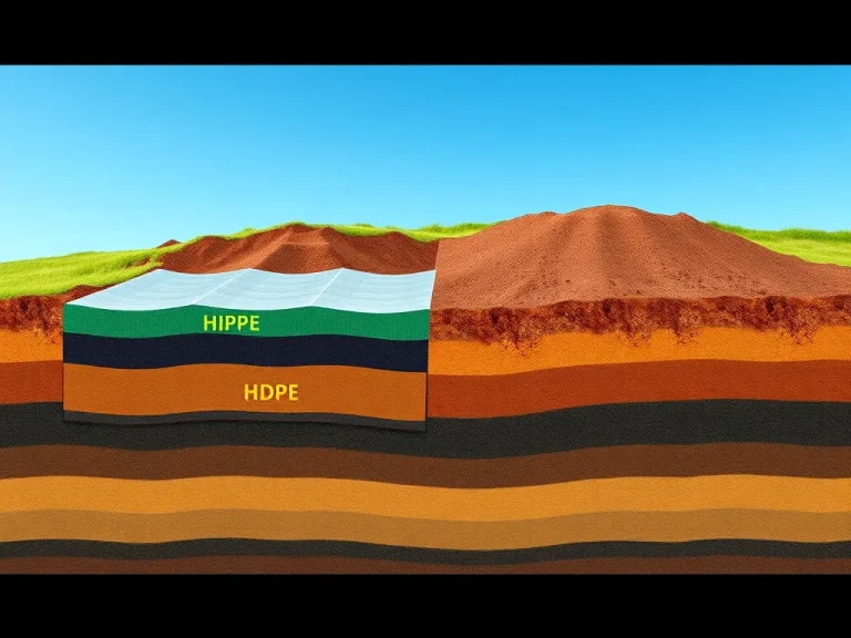 Modern landfill site with visible geomembrane liner, cross-sectional view showing multiple layers including HDPE, soil protection, photorealistic, high quality, natural lighting
