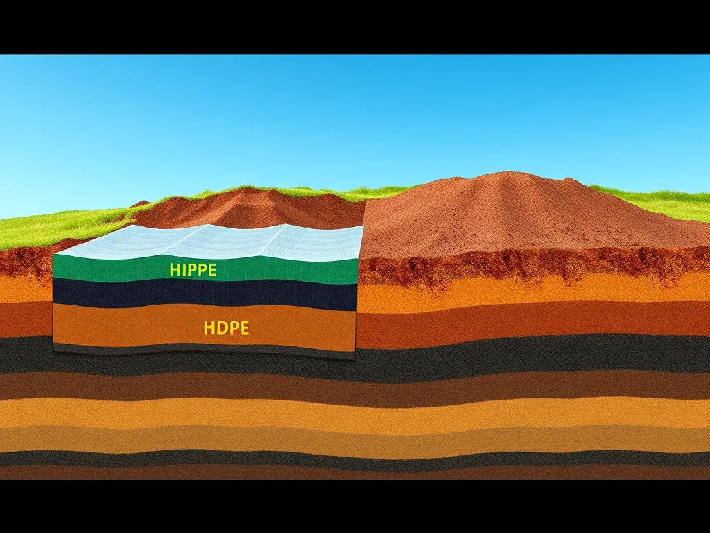 Modern landfill site with visible geomembrane liner, cross-sectional view showing multiple layers including HDPE, soil protection, photorealistic, high quality, natural lighting